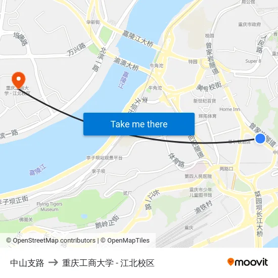 中山支路 to 重庆工商大学 - 江北校区 map