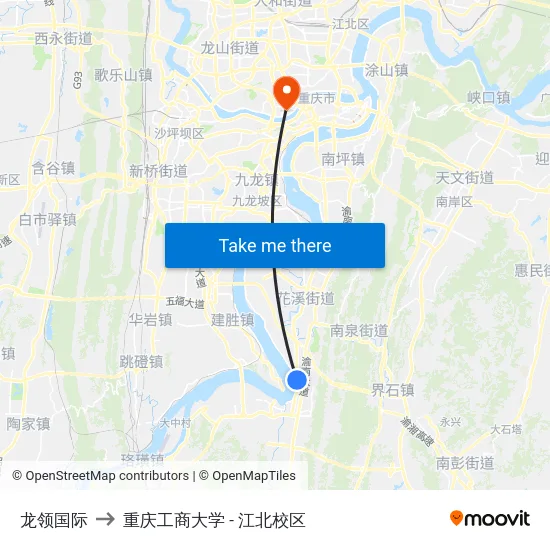 龙领国际 to 重庆工商大学 - 江北校区 map