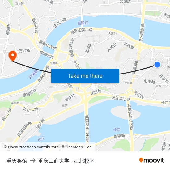 重庆宾馆 to 重庆工商大学 - 江北校区 map