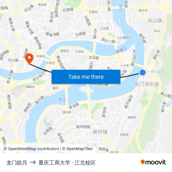 龙门皓月 to 重庆工商大学 - 江北校区 map