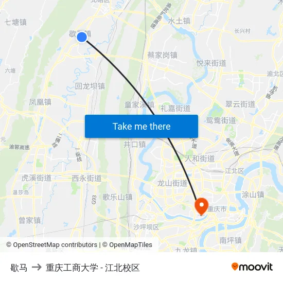 歇马 to 重庆工商大学 - 江北校区 map
