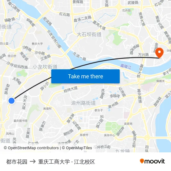 都市花园 to 重庆工商大学 - 江北校区 map