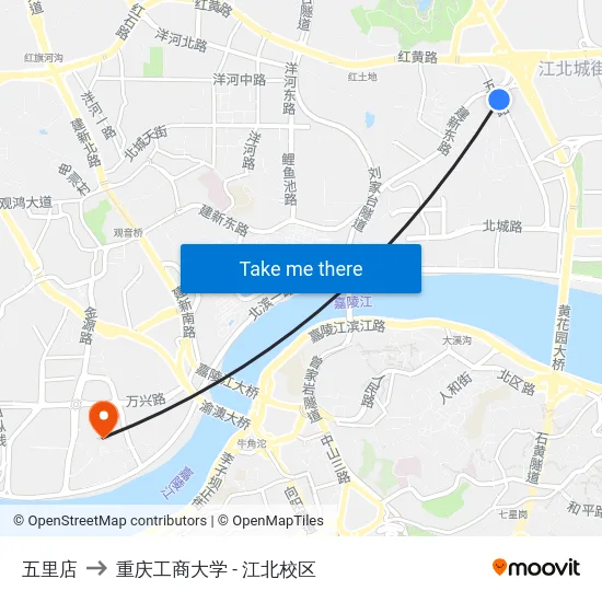 五里店 to 重庆工商大学 - 江北校区 map