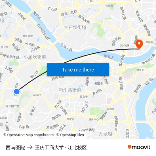 西南医院 to 重庆工商大学 - 江北校区 map