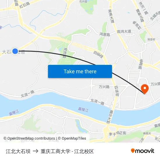 江北大石坝 to 重庆工商大学 - 江北校区 map