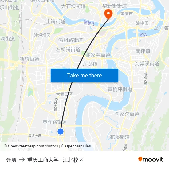 钰鑫 to 重庆工商大学 - 江北校区 map