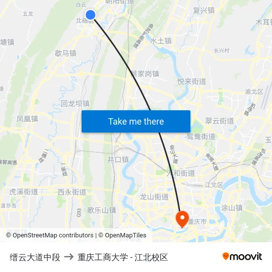 缙云大道中段 to 重庆工商大学 - 江北校区 map