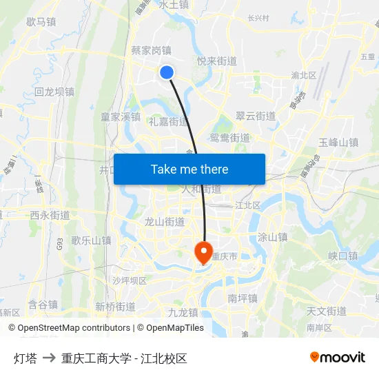 灯塔 to 重庆工商大学 - 江北校区 map