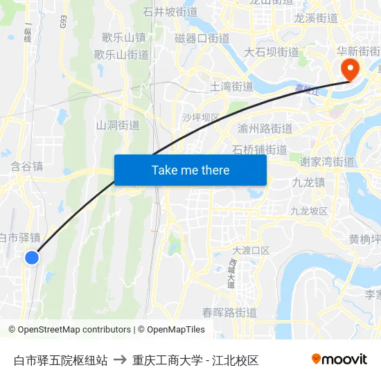 白市驿五院枢纽站 to 重庆工商大学 - 江北校区 map