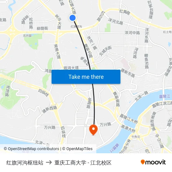 红旗河沟枢纽站 to 重庆工商大学 - 江北校区 map