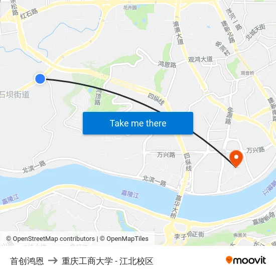首创鸿恩 to 重庆工商大学 - 江北校区 map