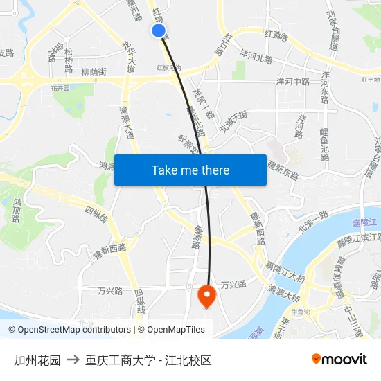 加州花园 to 重庆工商大学 - 江北校区 map