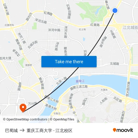 巴蜀城 to 重庆工商大学 - 江北校区 map