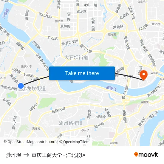 沙坪坝 to 重庆工商大学 - 江北校区 map