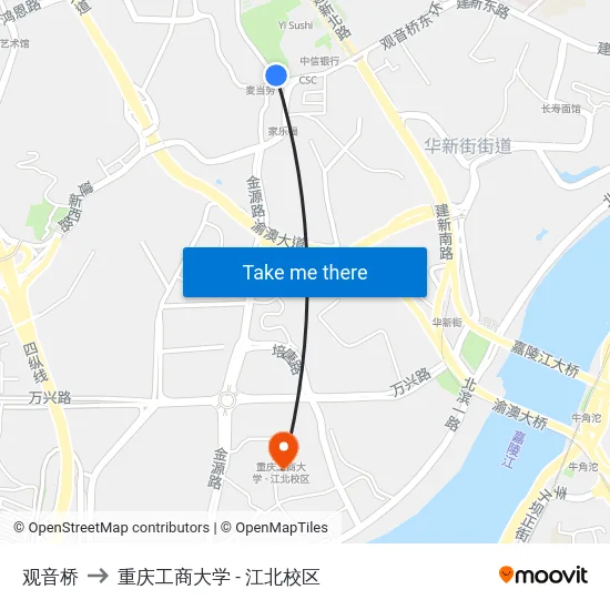 观音桥 to 重庆工商大学 - 江北校区 map