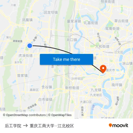 后工学院 to 重庆工商大学 - 江北校区 map