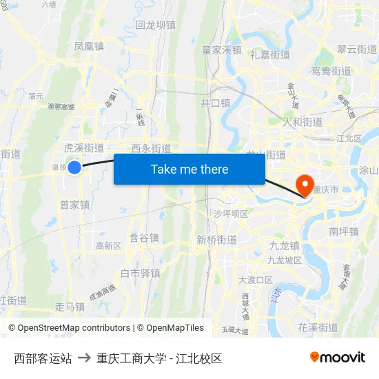 西部客运站 to 重庆工商大学 - 江北校区 map