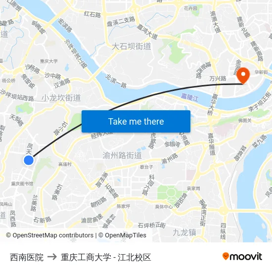 西南医院 to 重庆工商大学 - 江北校区 map
