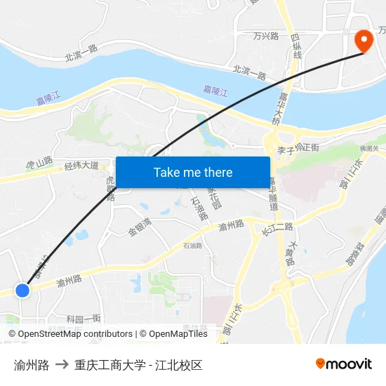 渝州路 to 重庆工商大学 - 江北校区 map