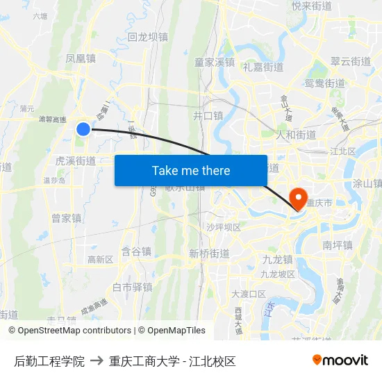 后勤工程学院 to 重庆工商大学 - 江北校区 map