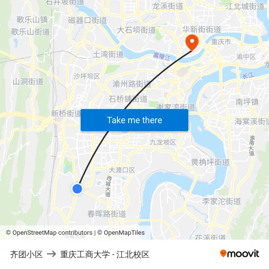 齐团小区 to 重庆工商大学 - 江北校区 map