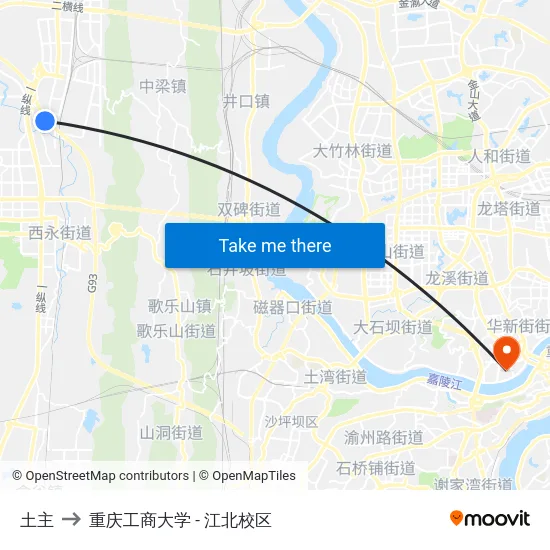 土主 to 重庆工商大学 - 江北校区 map