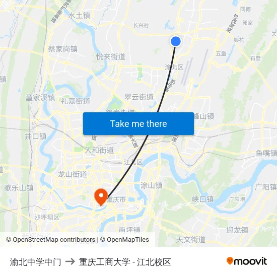 渝北中学中门 to 重庆工商大学 - 江北校区 map