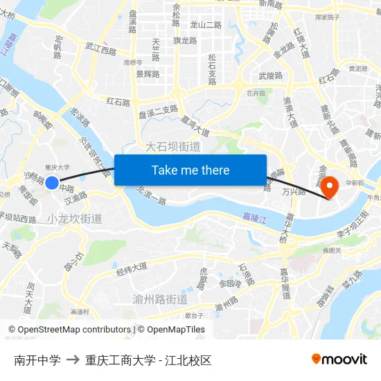 南开中学 to 重庆工商大学 - 江北校区 map