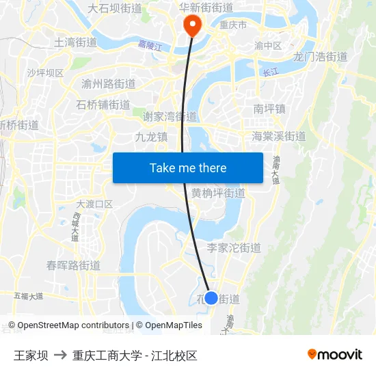 王家坝 to 重庆工商大学 - 江北校区 map