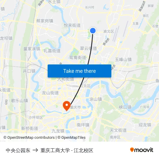 中央公园东 to 重庆工商大学 - 江北校区 map