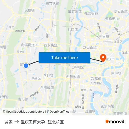 曾家 to 重庆工商大学 - 江北校区 map