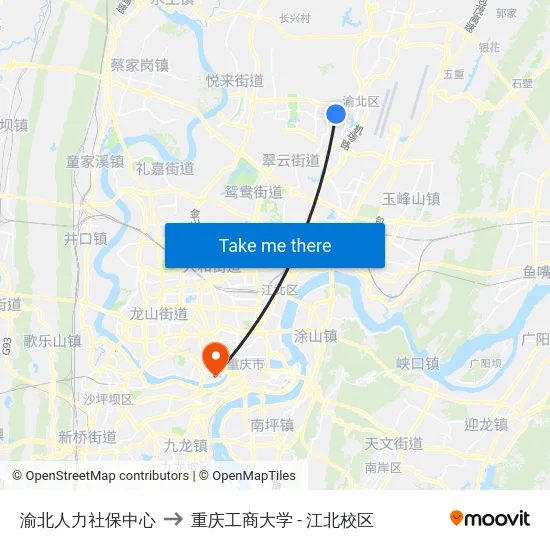 渝北人力社保中心 to 重庆工商大学 - 江北校区 map