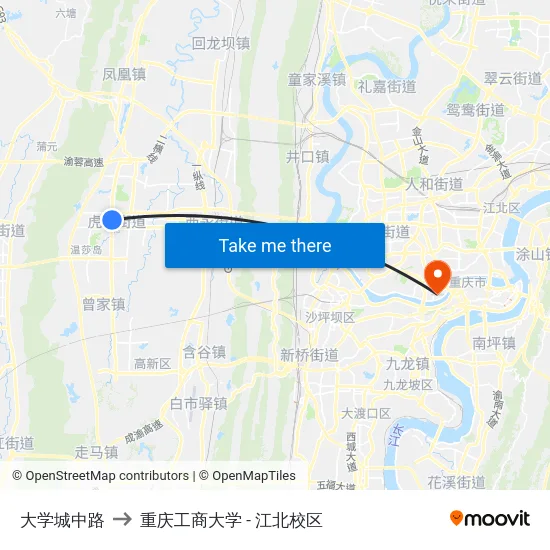 大学城中路 to 重庆工商大学 - 江北校区 map