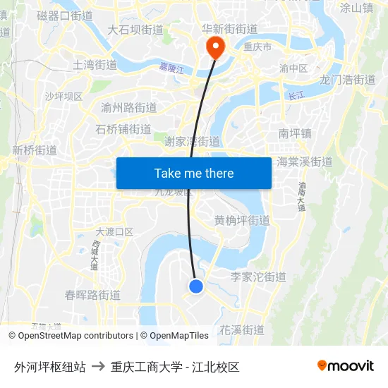 外河坪枢纽站 to 重庆工商大学 - 江北校区 map