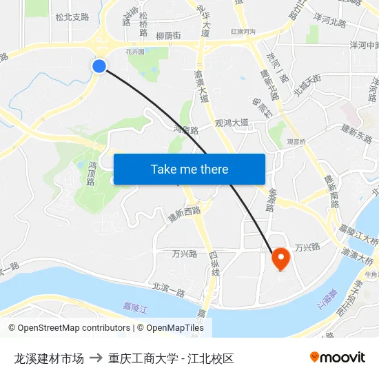 龙溪建材市场 to 重庆工商大学 - 江北校区 map