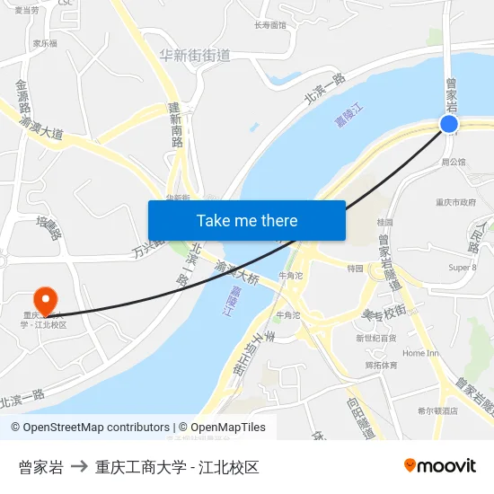 曾家岩 to 重庆工商大学 - 江北校区 map