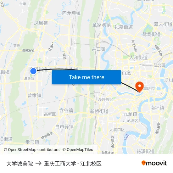 大学城美院 to 重庆工商大学 - 江北校区 map