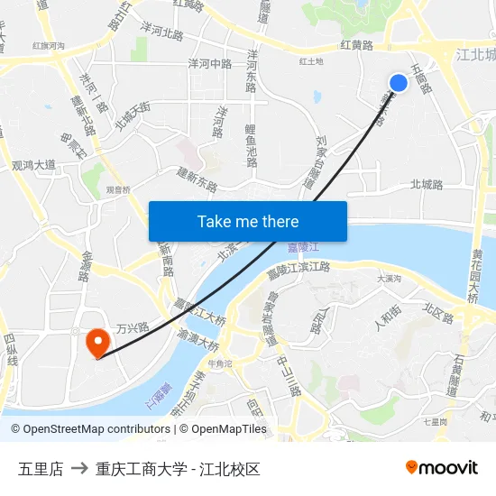 五里店 to 重庆工商大学 - 江北校区 map