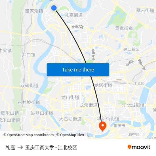 礼嘉 to 重庆工商大学 - 江北校区 map