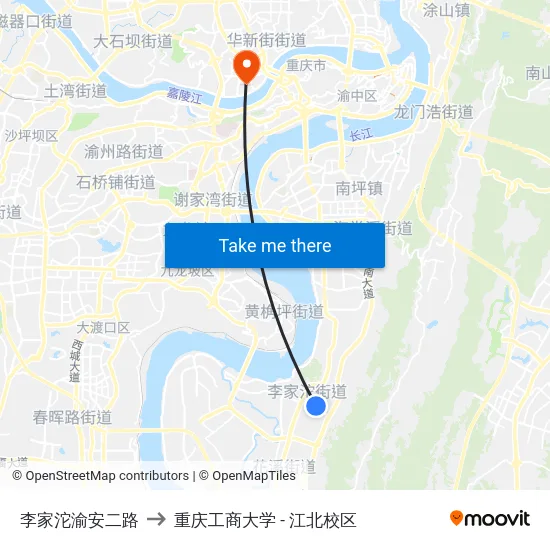 李家沱渝安二路 to 重庆工商大学 - 江北校区 map