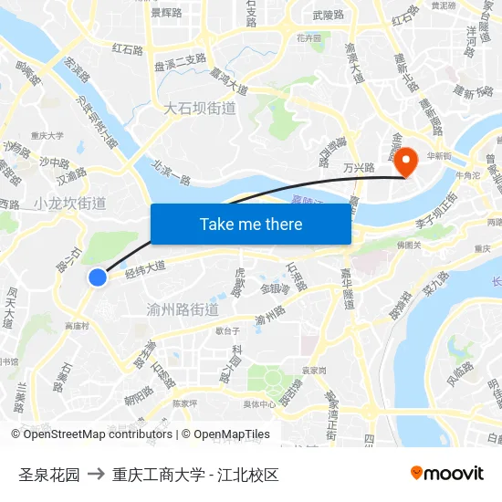圣泉花园 to 重庆工商大学 - 江北校区 map
