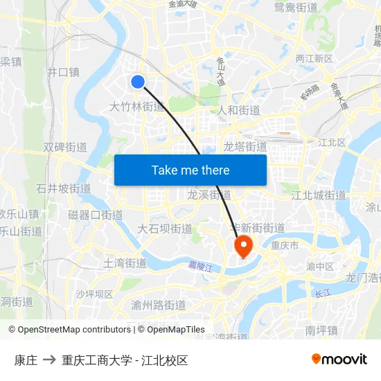康庄 to 重庆工商大学 - 江北校区 map