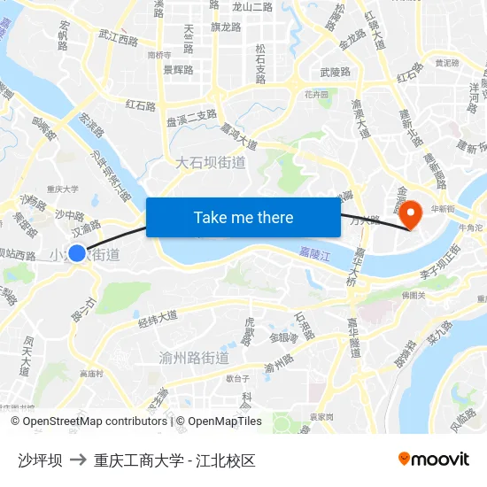 沙坪坝 to 重庆工商大学 - 江北校区 map
