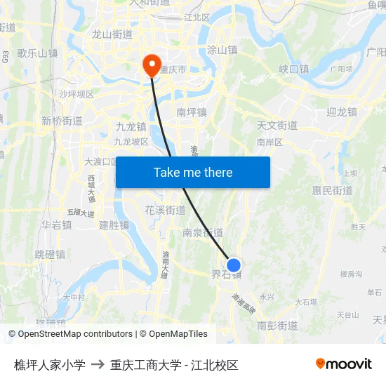 樵坪人家小学 to 重庆工商大学 - 江北校区 map
