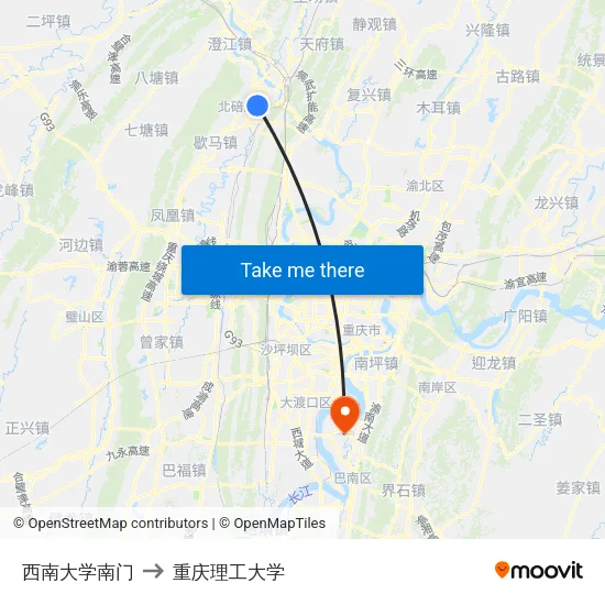 西南大学南门 to 重庆理工大学 map