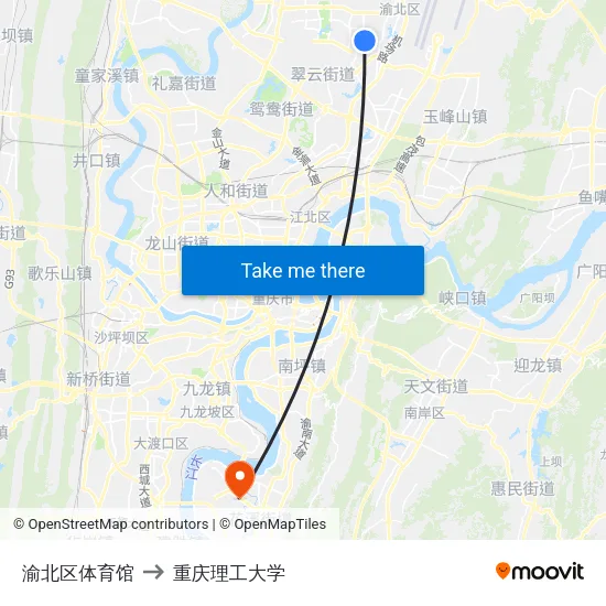 渝北区体育馆 to 重庆理工大学 map