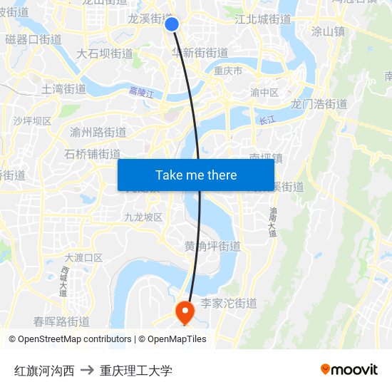 红旗河沟西 to 重庆理工大学 map