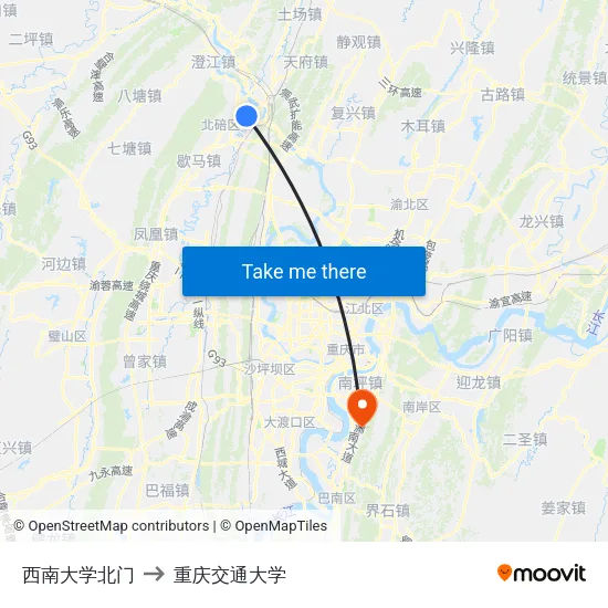 西南大学北门 to 重庆交通大学 map