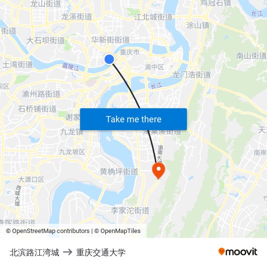 北滨路江湾城 to 重庆交通大学 map