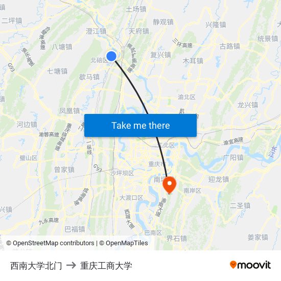西南大学北门 to 重庆工商大学 map